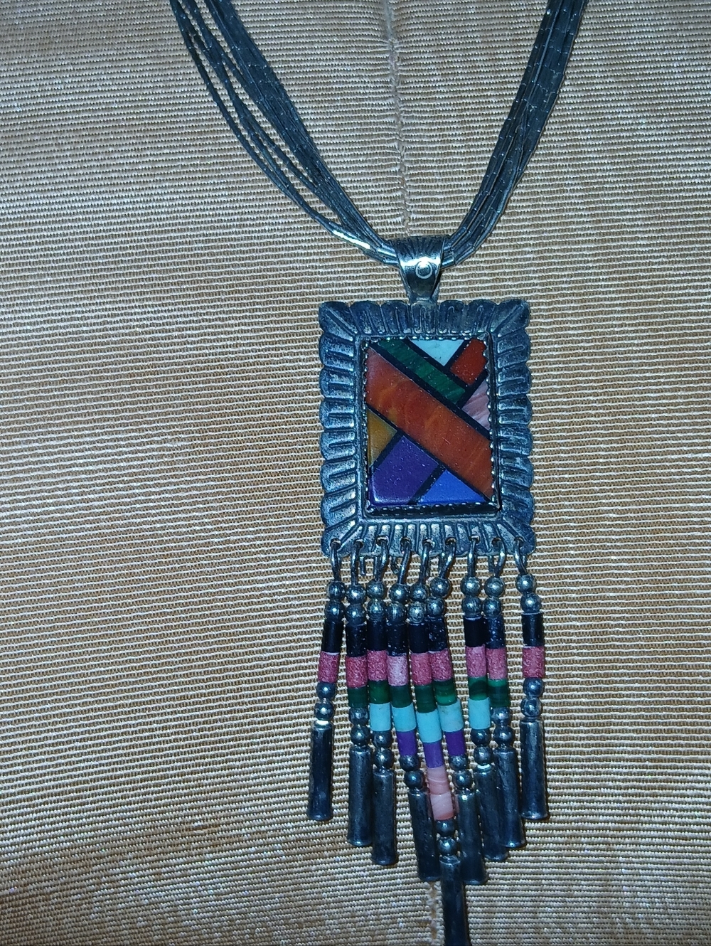 Vtg Southwest Sterling Liquid Silver Necklace MultiStone Inlay Fringe Pendant QT